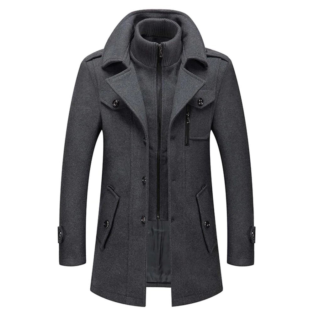 Men's Winter Coat with Layered Front and Stand Collar