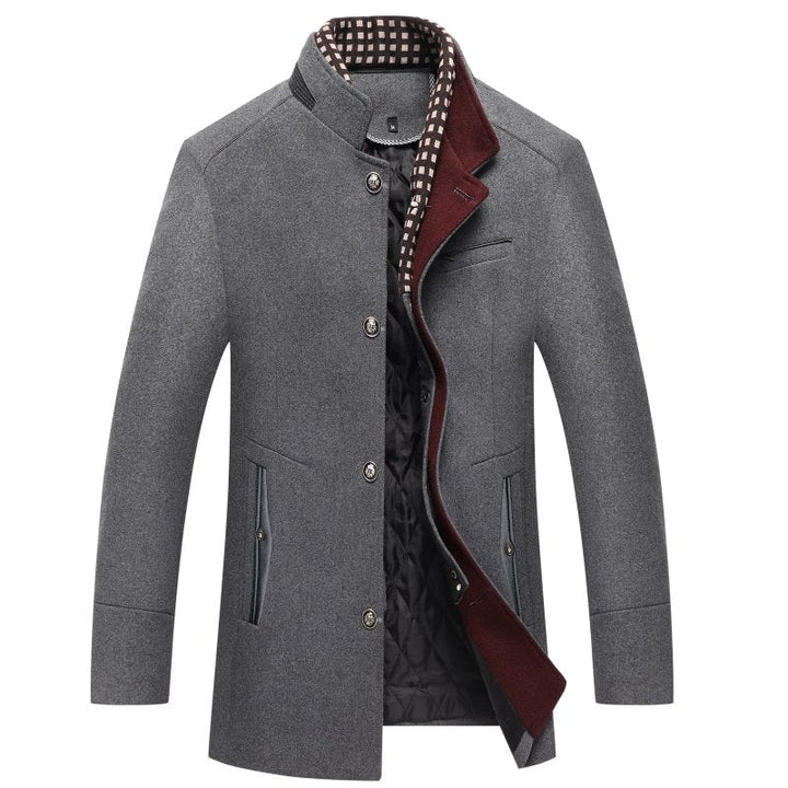 Men's Stand Collar Winter Coat with Button Front and Inner Layer
