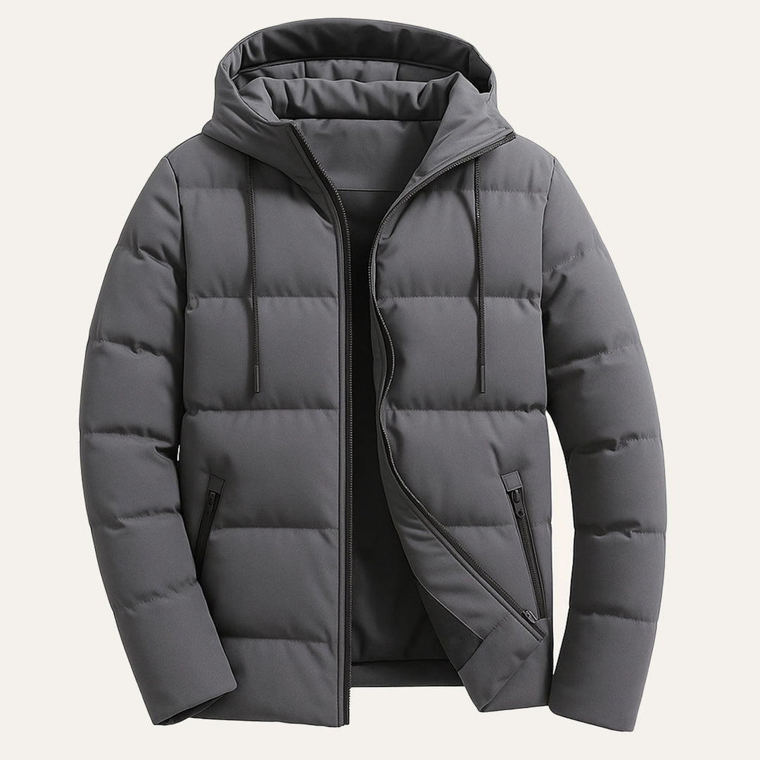 Men's Hooded Puffer Jacket with Zip Front