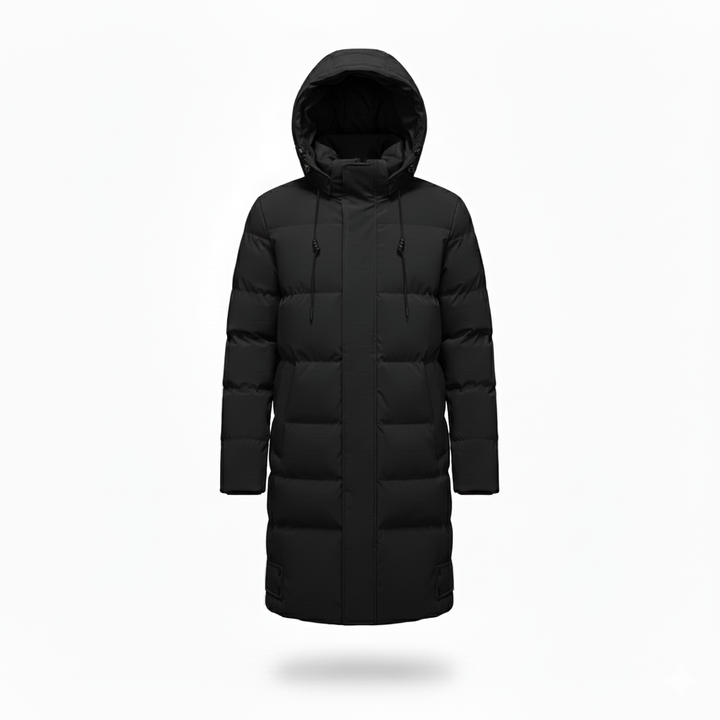 Men's Long Hooded Coat with Quilted Panel