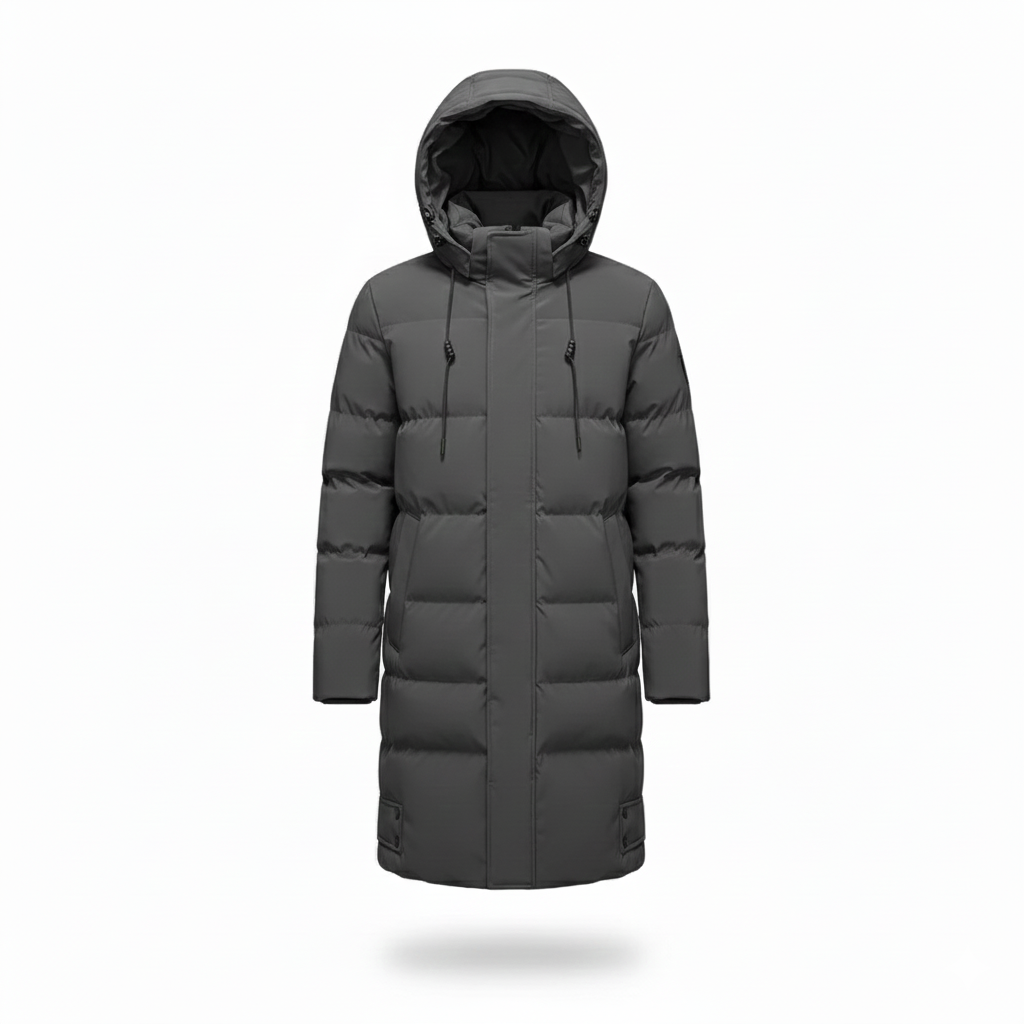 Men's Long Hooded Coat with Quilted Panel
