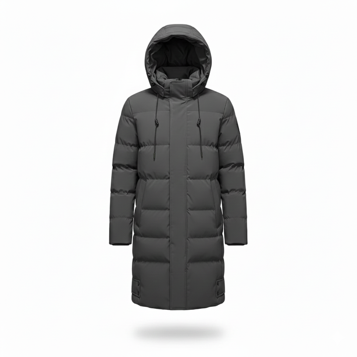 Men's Long Hooded Coat with Quilted Panel