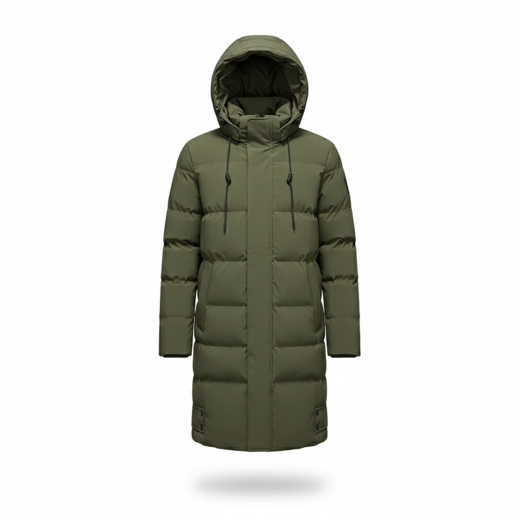Men's Long Hooded Coat with Quilted Panel