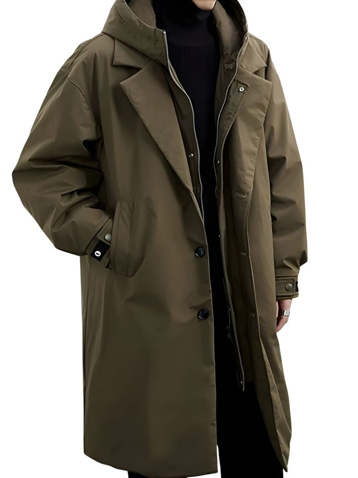 Men's Long Overcoat with Hood and Front Fastening