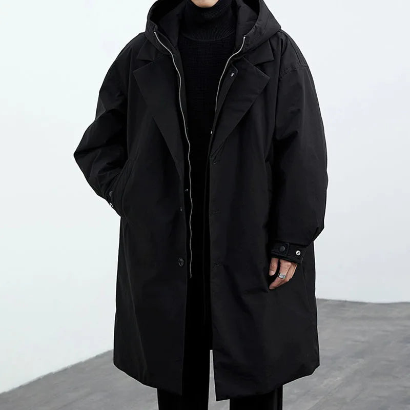 Men's Long Overcoat with Hood and Front Fastening