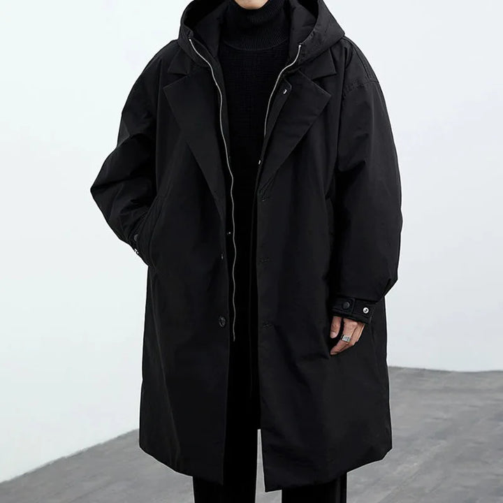 Men's Long Overcoat with Hood and Front Fastening