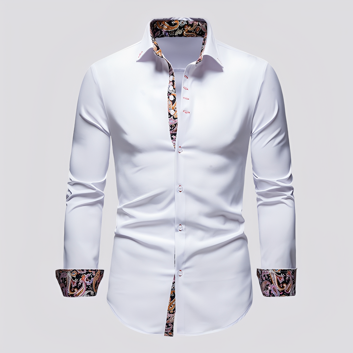 Men's Long Sleeve Button Shirt with Patterned Inner Detail