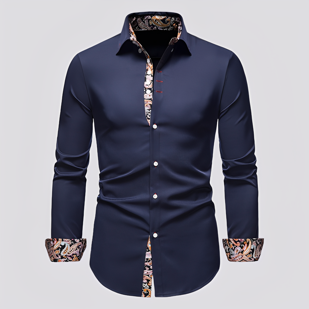 Men's Long Sleeve Button Shirt with Patterned Inner Detail