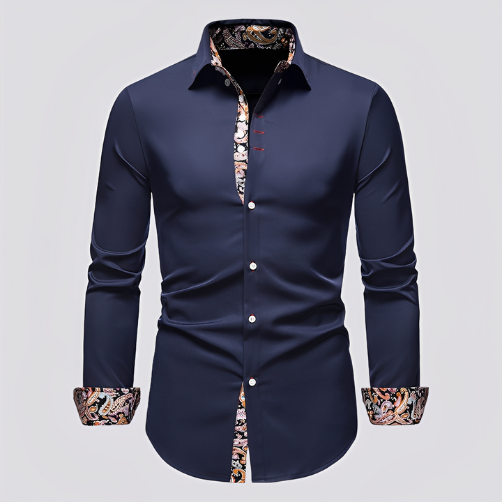 Men's Long Sleeve Button Shirt with Patterned Inner Detail