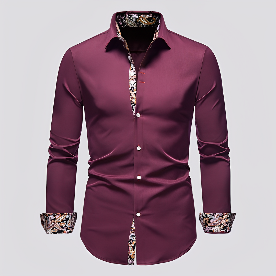 Men's Long Sleeve Button Shirt with Patterned Inner Detail