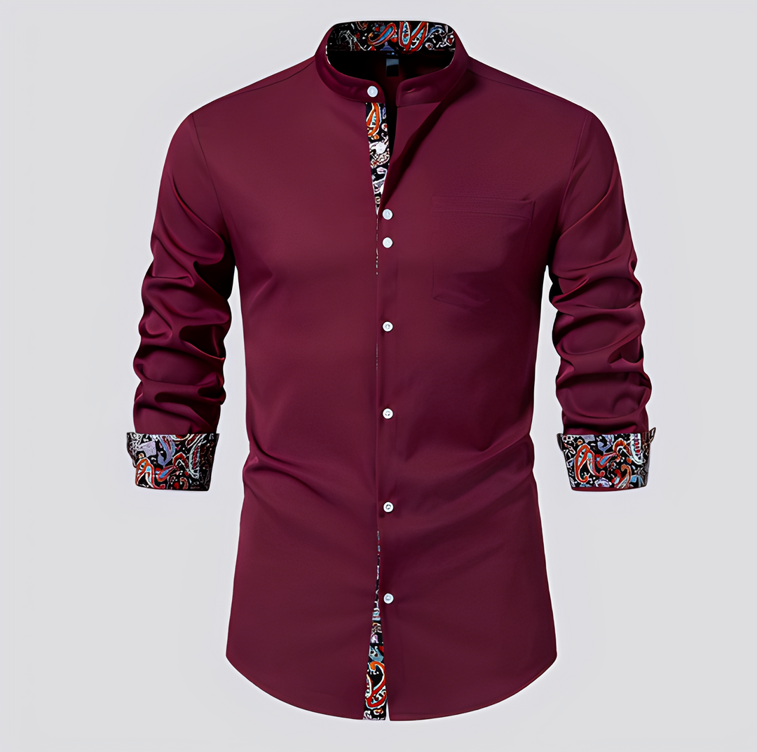 Men's Long Sleeve Button Shirt with Patterned Inner Detail