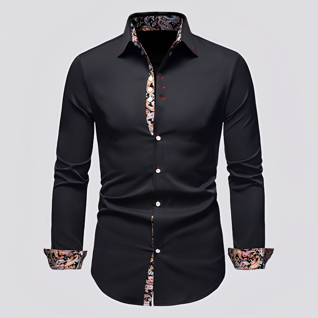 Men's Long Sleeve Button Shirt with Patterned Inner Detail