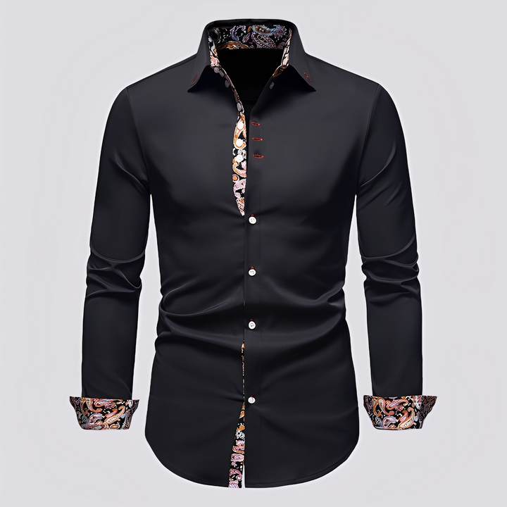 Men's Long Sleeve Button Shirt with Patterned Inner Detail