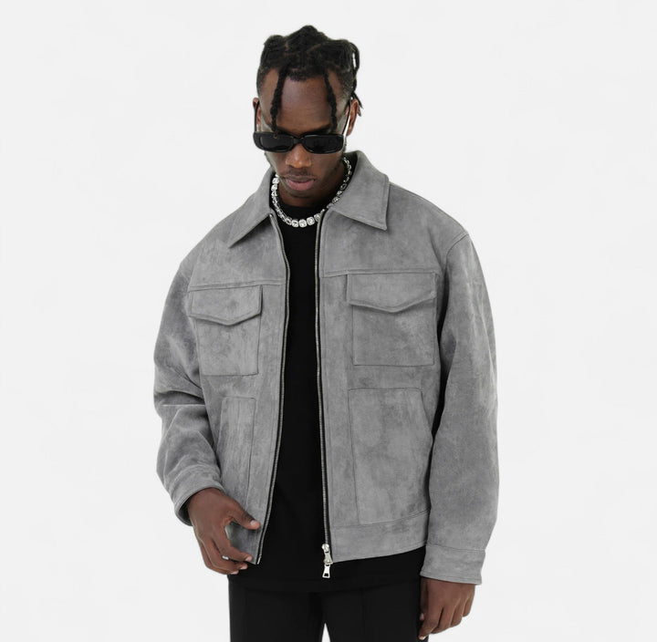 Men’s Loose Suede Jacket with Pocket Detail and Panelled Body