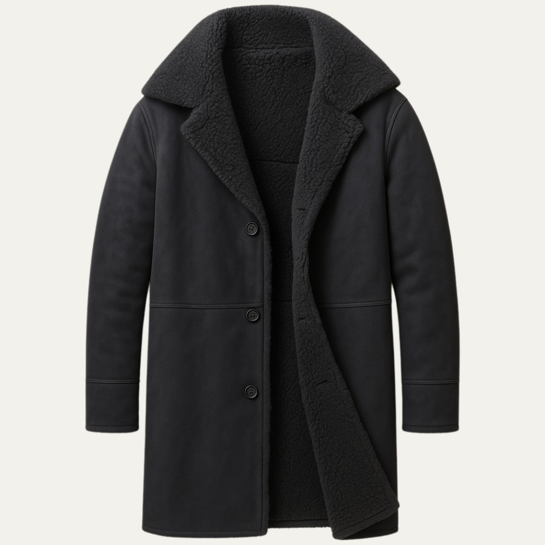 Men's Mid-Length Coat with Button Front and Wide Collar