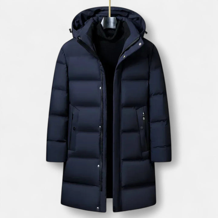 Men's Padded Long Coat with Hood and Quilted Outer