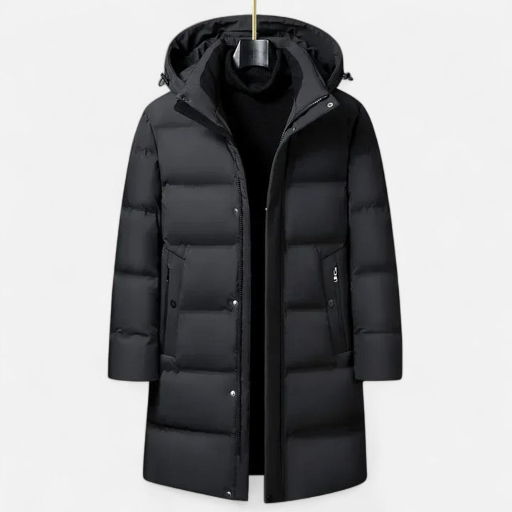 Men's Padded Long Coat with Hood and Quilted Outer