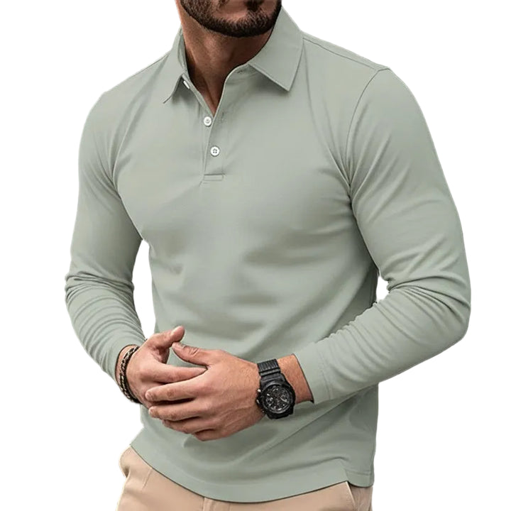 Men’s Polo Shirt Long Sleeve Collar Button Front Straight Fit