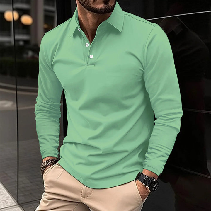Men’s Polo Shirt Long Sleeve Collar Button Front Straight Fit