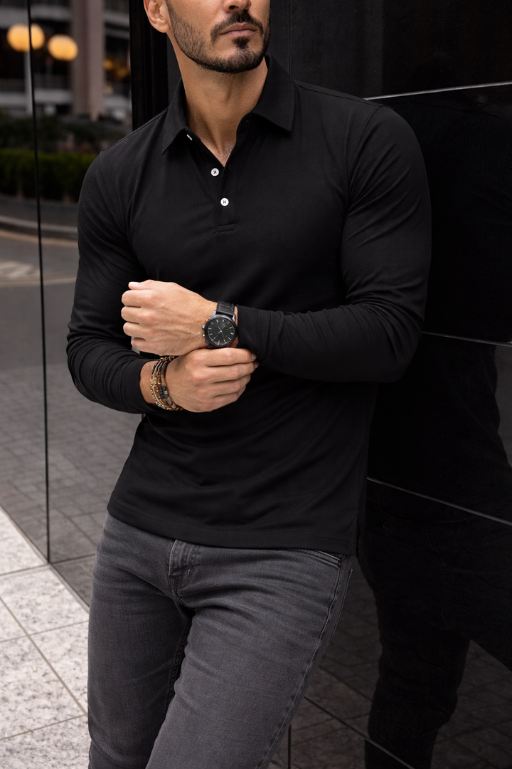 Men’s Polo Shirt Long Sleeve Collar Button Front Straight Fit