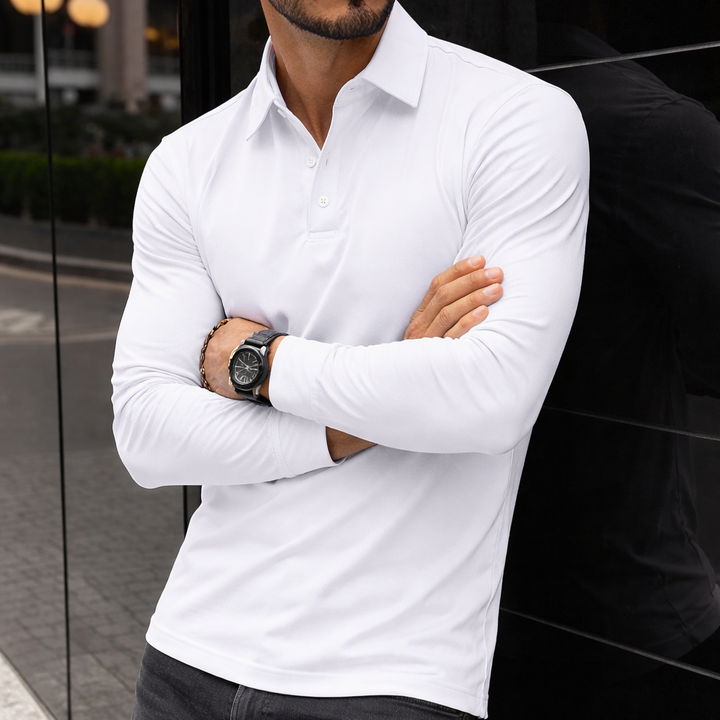 Men’s Polo Shirt Long Sleeve Collar Button Front Straight Fit