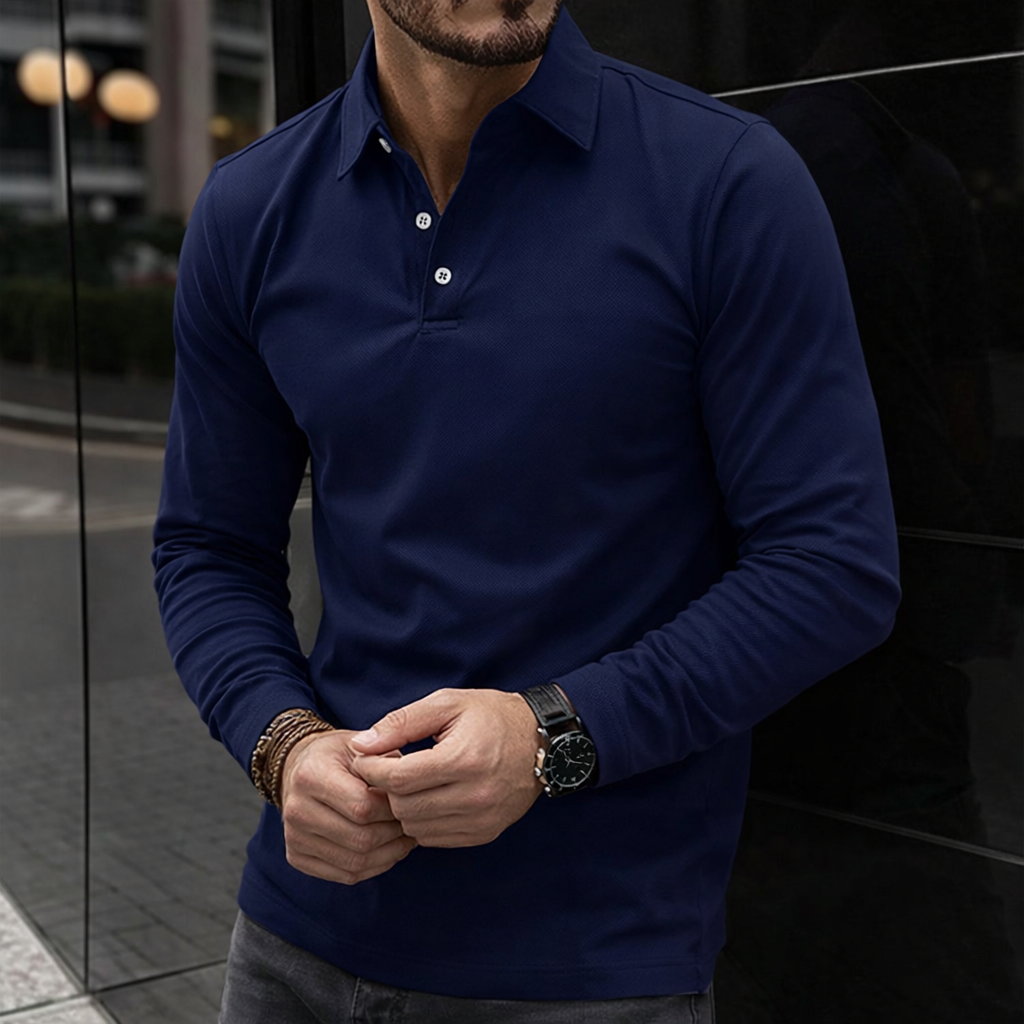 Men’s Polo Shirt Long Sleeve Collar Button Front Straight Fit