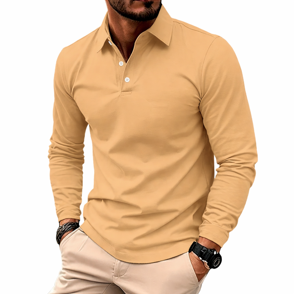Men’s Polo Shirt Long Sleeve Collar Button Front Straight Fit