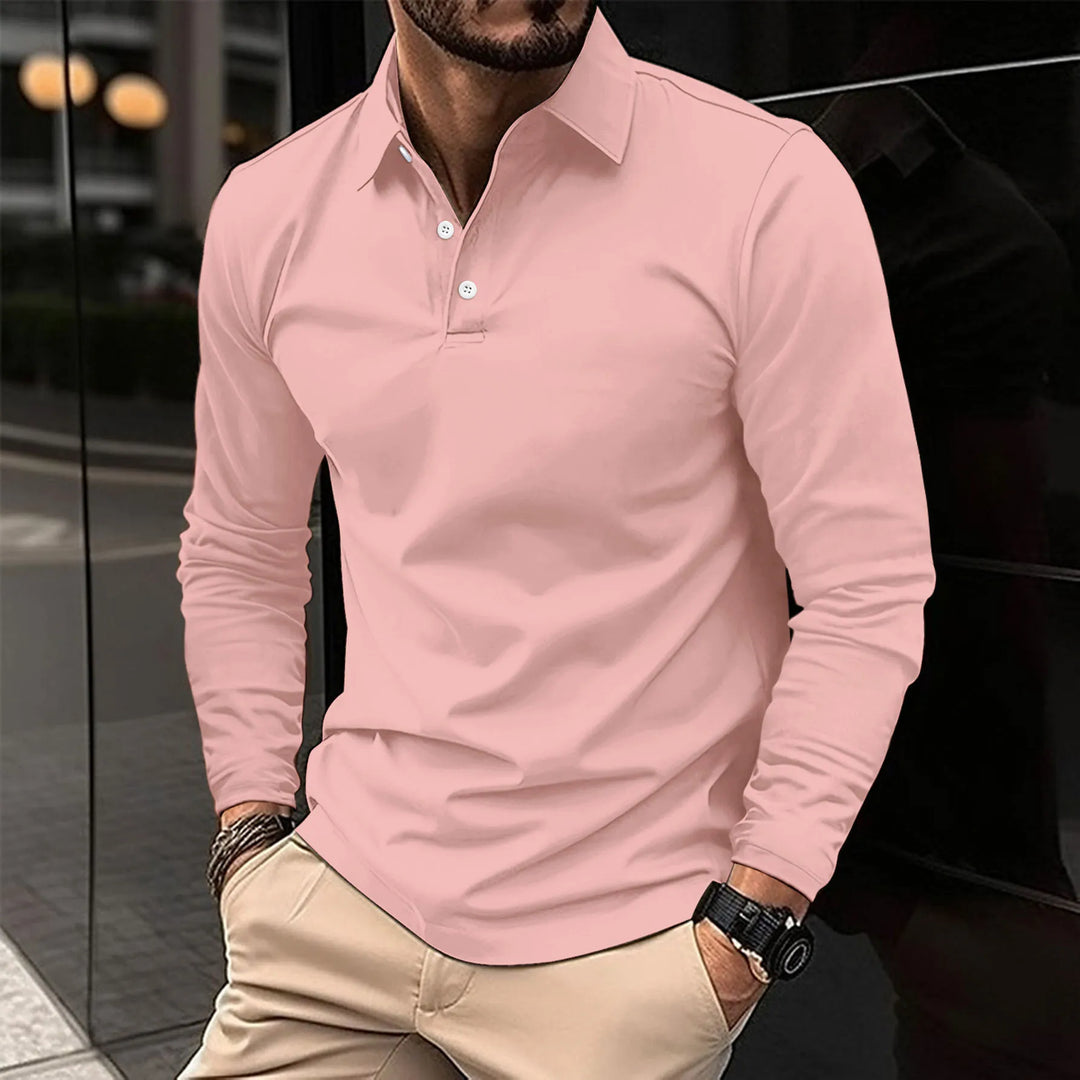 Men’s Polo Shirt Long Sleeve Collar Button Front Straight Fit