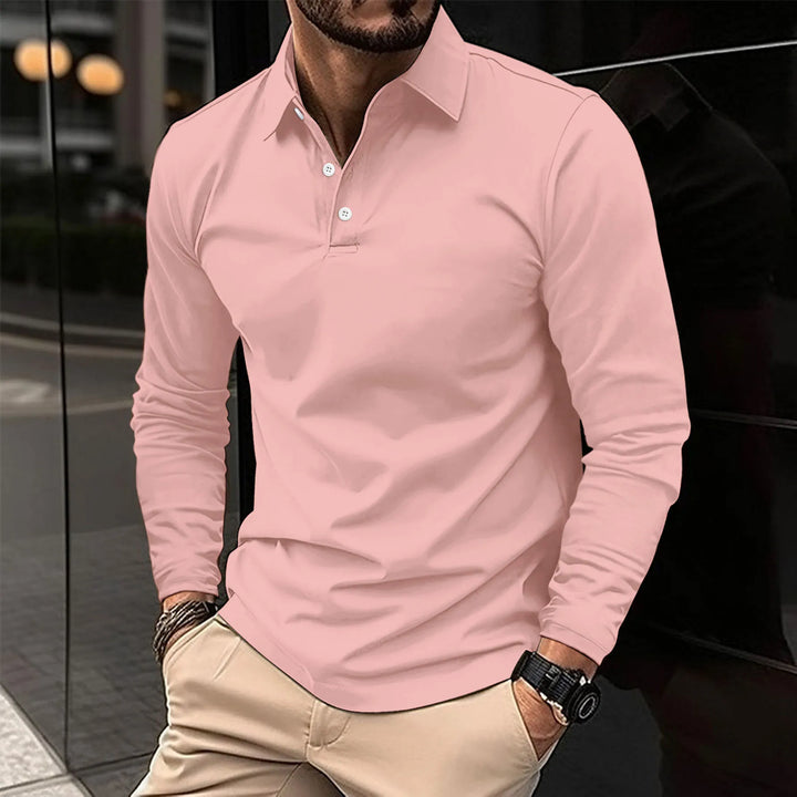 Men’s Polo Shirt Long Sleeve Collar Button Front Straight Fit