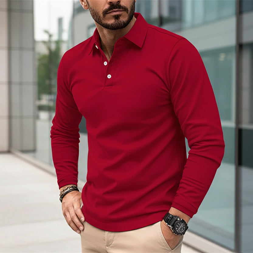 Men’s Polo Shirt Long Sleeve Collar Button Front Straight Fit