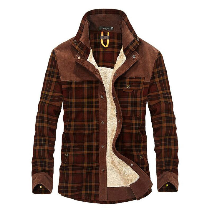 Men's Rugged Plaid Jacket with Lined Interior and Stand Collar Design