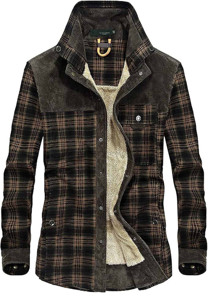 Men's Rugged Plaid Jacket with Lined Interior and Stand Collar Design