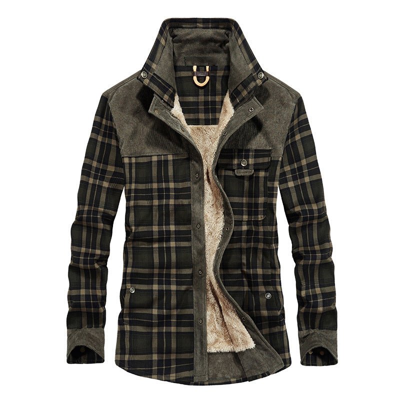 Men's Rugged Plaid Jacket with Lined Interior and Stand Collar Design