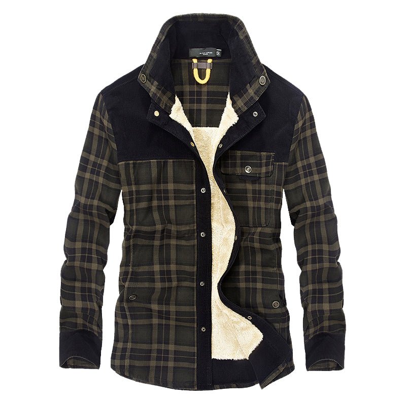 Men's Rugged Plaid Jacket with Lined Interior and Stand Collar Design