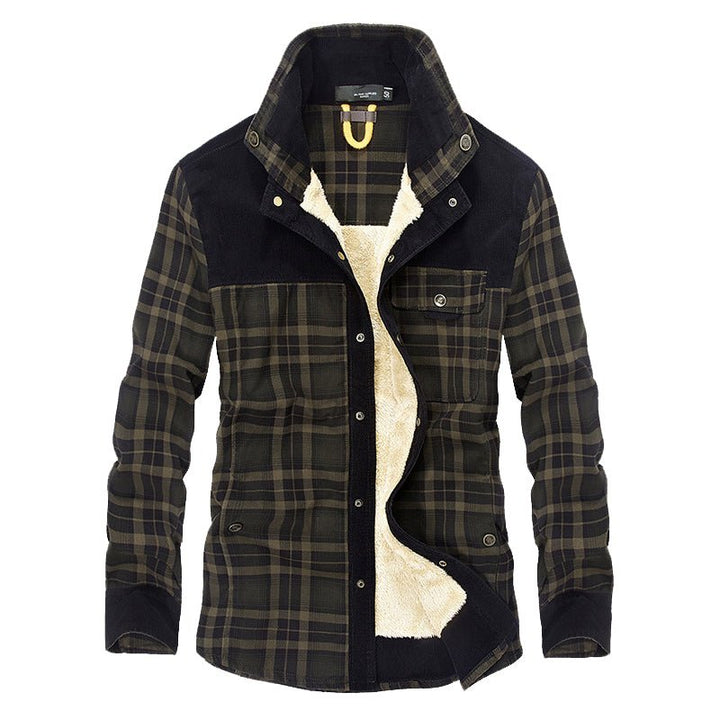 Men's Rugged Plaid Jacket with Lined Interior and Stand Collar Design