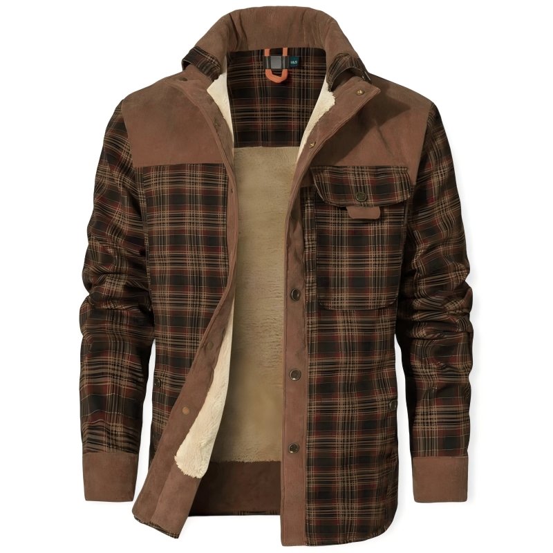 Men's Rugged Plaid Jacket with Lined Interior and Stand Collar Design