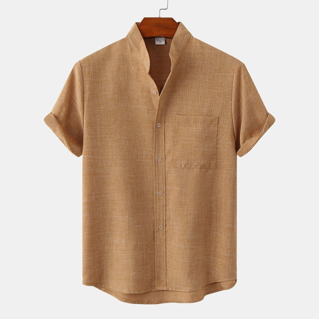 Men's Shirt Short Sleeve Button Front Stand Collar