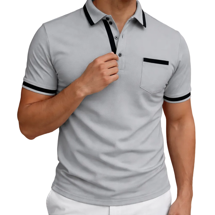 Men's Short Sleeve Polo Shirt with Collar Button Placket Pocket Detail