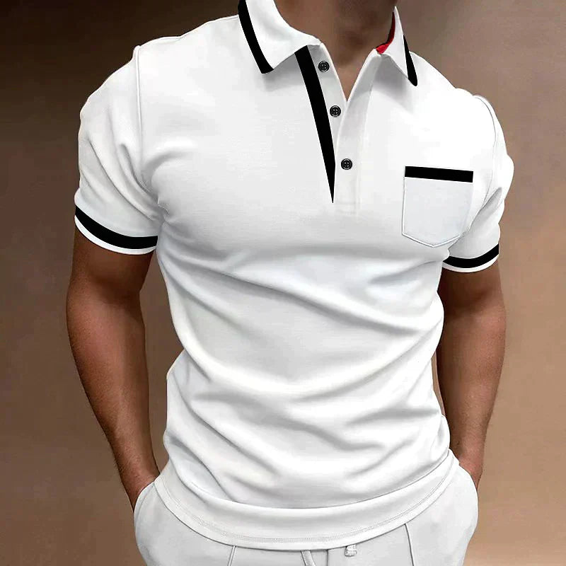 Men's Short Sleeve Polo Shirt with Collar Button Placket Pocket Detail