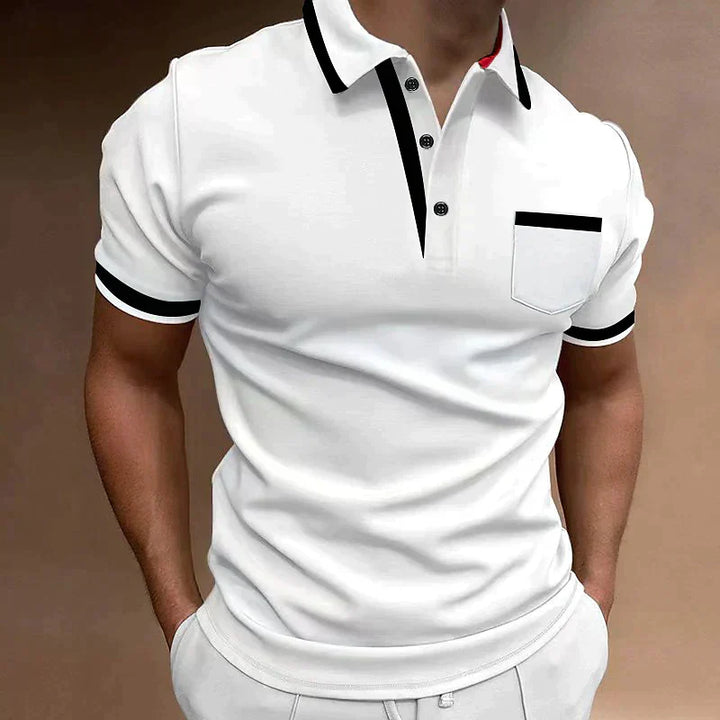 Men's Short Sleeve Polo Shirt with Collar Button Placket Pocket Detail