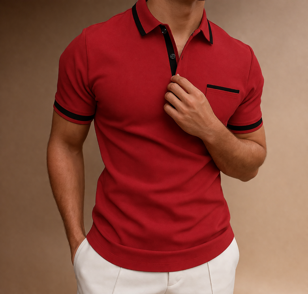Men's Short Sleeve Polo Shirt with Collar Button Placket Pocket Detail