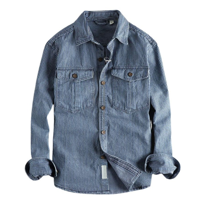 Men's Striped Long Sleeve Denim Shirt with Button Front