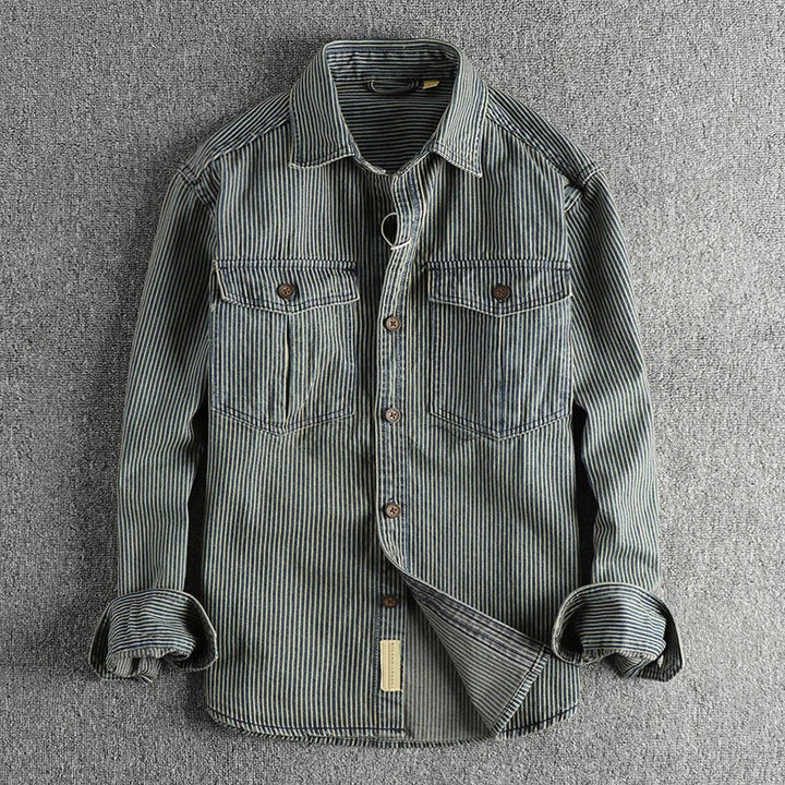 Men's Striped Long Sleeve Denim Shirt with Button Front