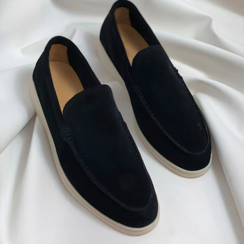 Men's Suede Slip-On Loafers with Rounded Toe and Flat Sole