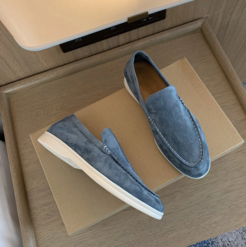 Men's Suede Slip-On Loafers with Rounded Toe and Flat Sole