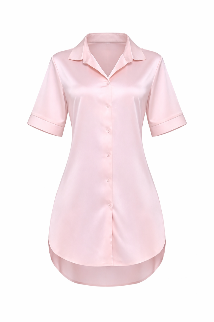 Women's Silk Short Sleeve Button Front Shirt Dress