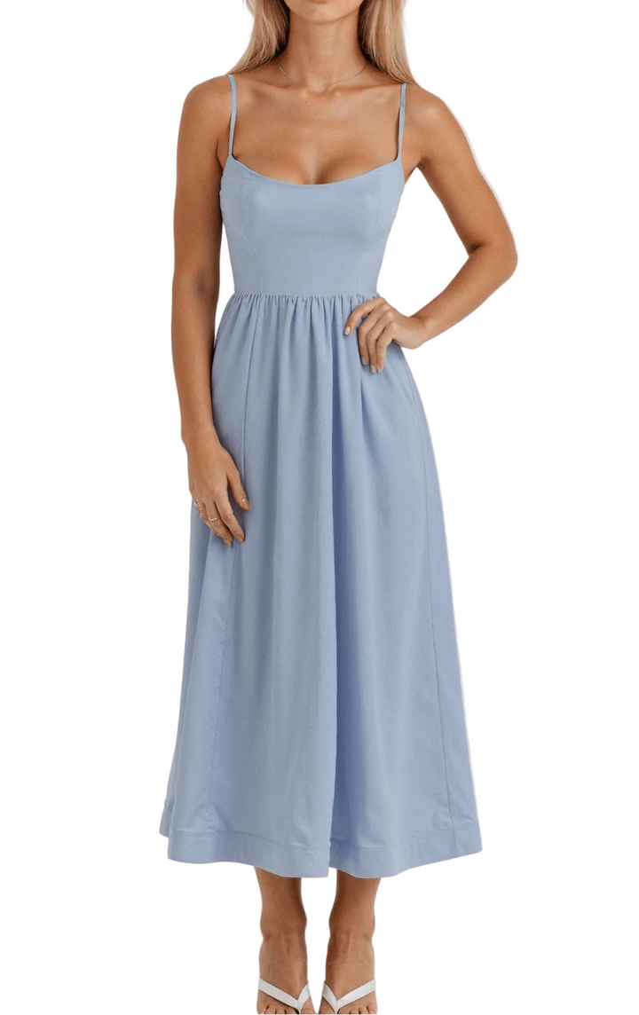 Women’s A-Line Midi Dress with Shoulder Straps and Flared Skirt Shape