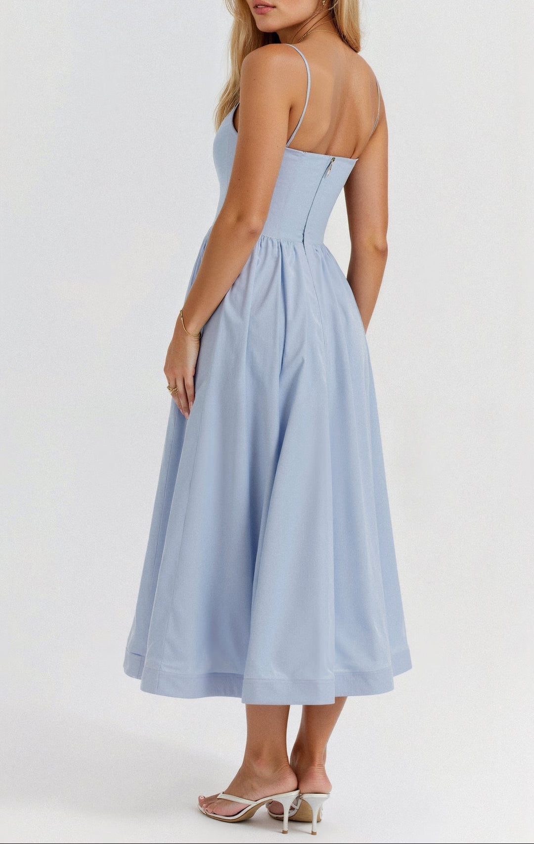 Women’s A-Line Midi Dress with Shoulder Straps and Flared Skirt Shape
