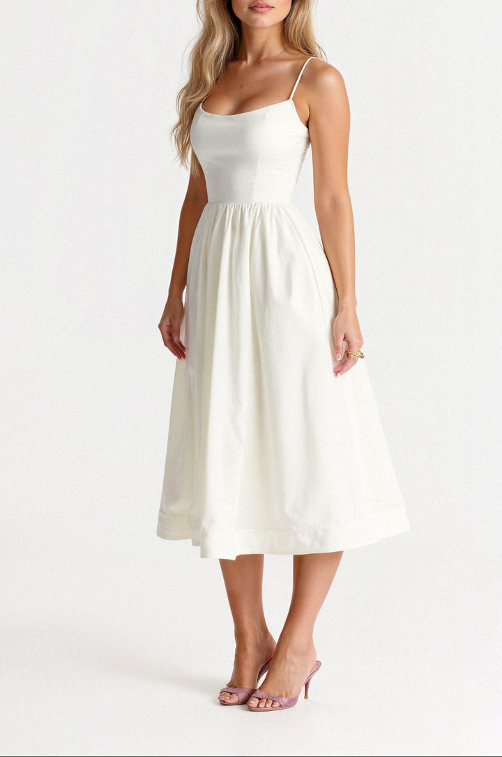 Women’s A-Line Midi Dress with Shoulder Straps and Flared Skirt Shape