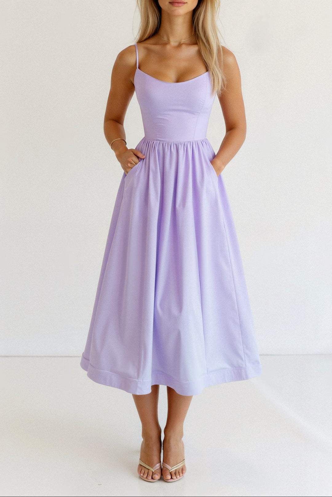 Women’s A-Line Midi Dress with Shoulder Straps and Flared Skirt Shape
